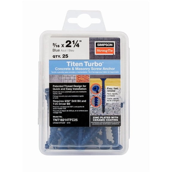 Simpson Strong-Tie TNT18214TFC25 Titen Turbo — 3/16 in. x 2-1/4 in. 6-Lobe Flat-Head Concrete and Masonry Screw, Blue (25-Qty)