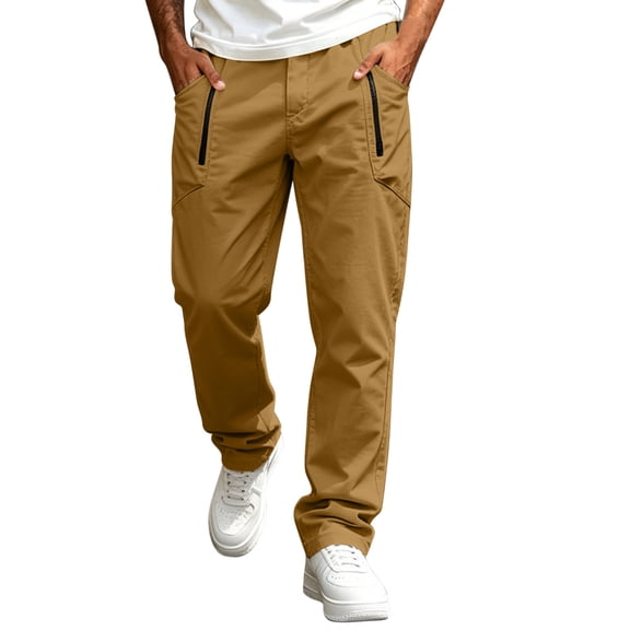 fatyb Men's Casual Pants Elastic Waistband Work Trousers Lightweight Hiking Pants with Zipper Pockets