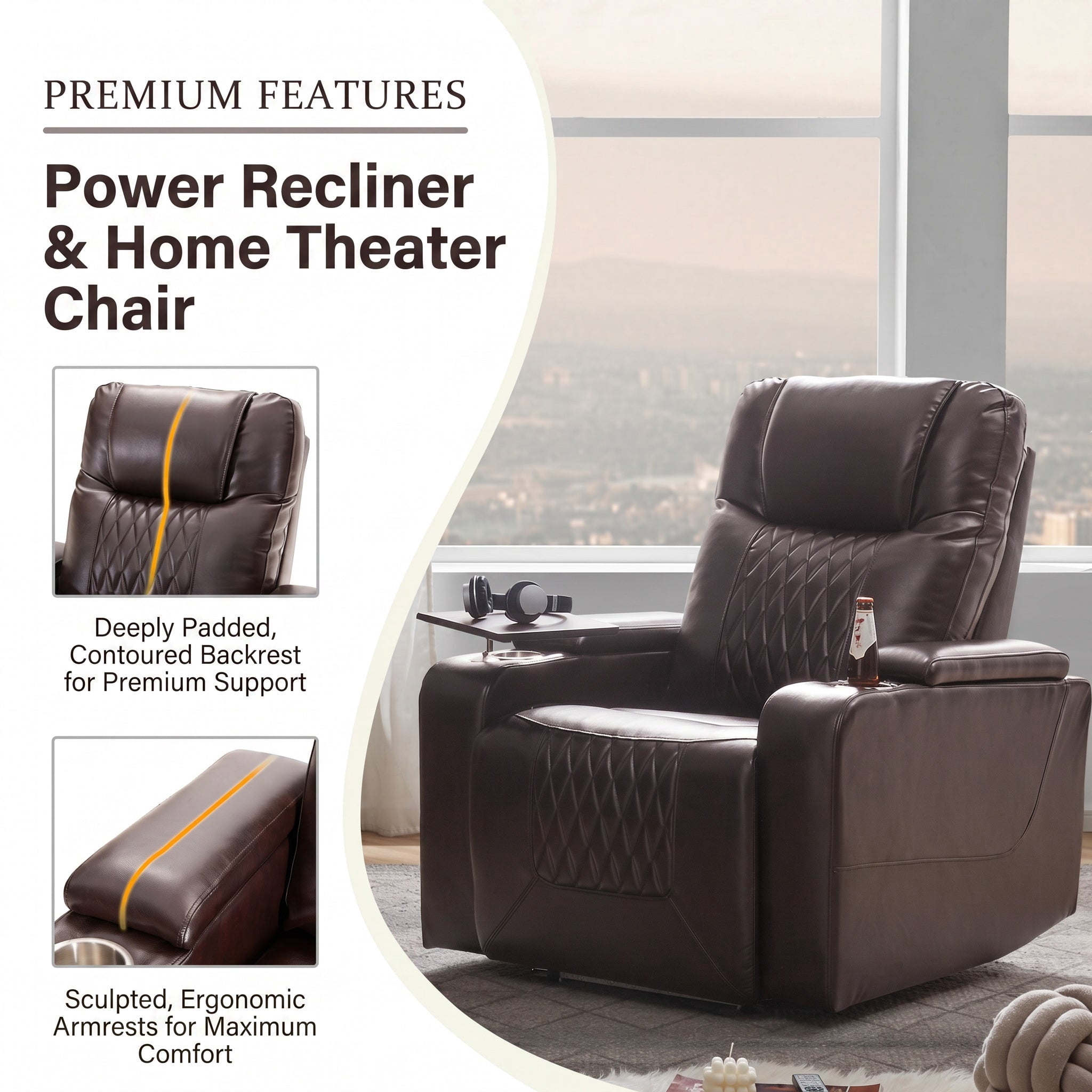 Sailvan Motion Recliner with Swivel Tray Table and Hidden Storage Brown
