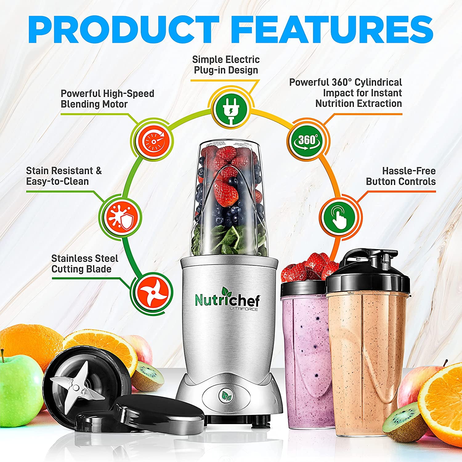 Nutrichef Ncbl1000 Professional Home Kitchen Personal Power Pro 120v High  Speed Mini Countertop Blender With 2 Bpa Free Tumblers And Lids : Target