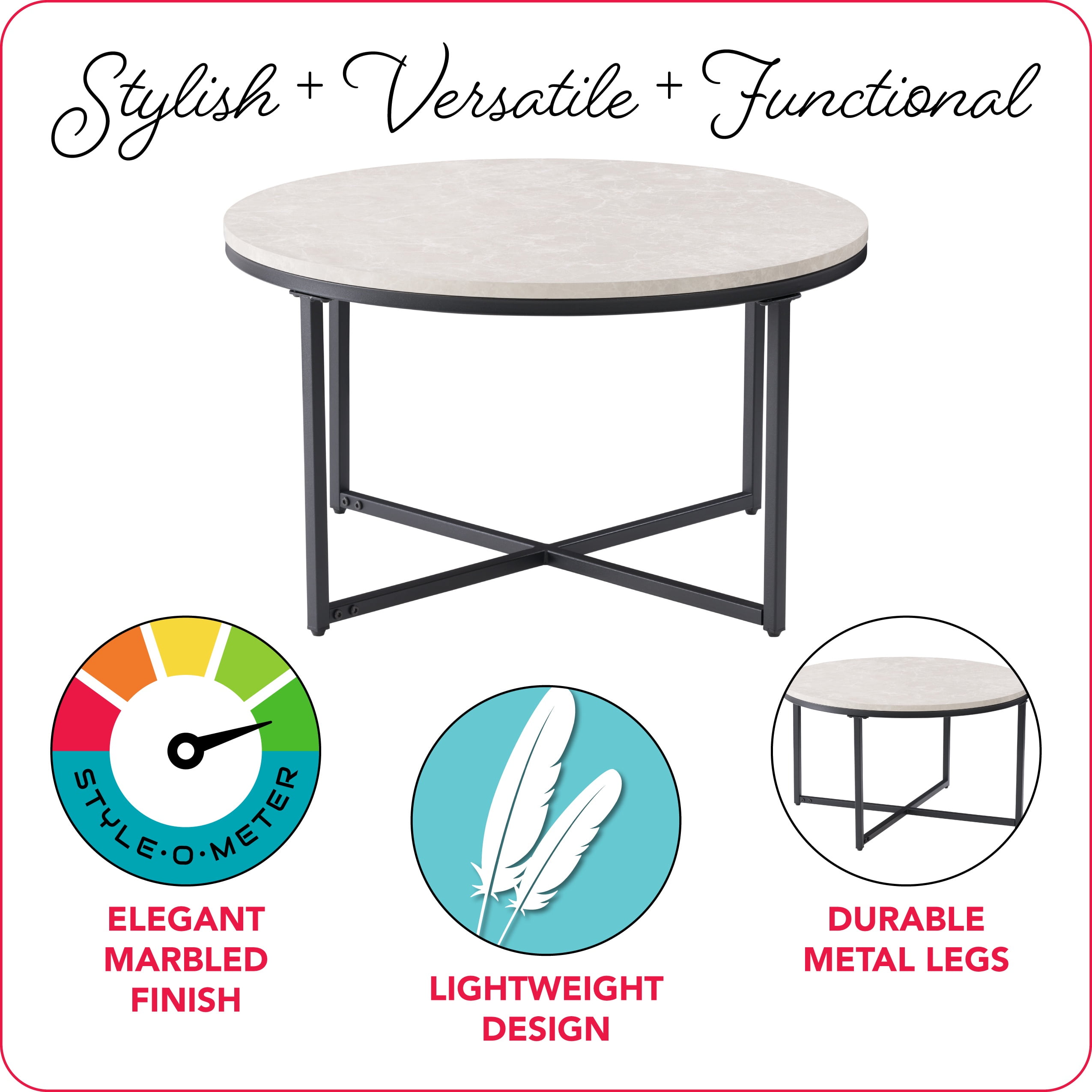 Table basse d'intérieur Ayla en marbre gris CorLiving avec plateau en bois d'ingénierie et pieds en fer noir