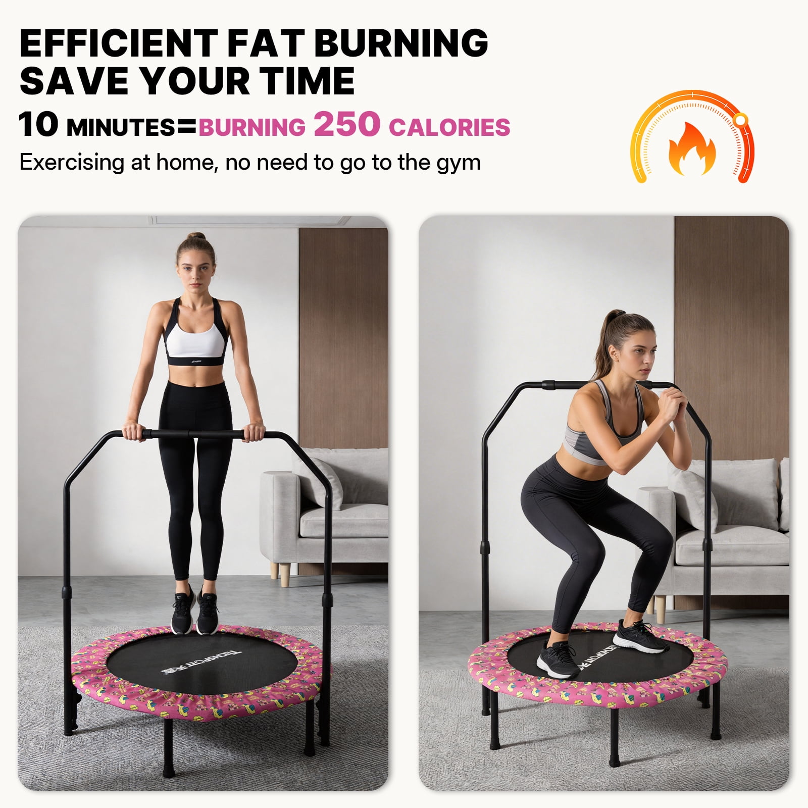 36 Inch Fitness Trampoline with HA-Type Handlebar – Quiet Mini Trampoline with Silent Elastic Ropes, 10-Minute Fat Burning Cardio Workout at Home, Easy Assembly, Pink