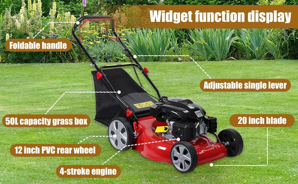 Self Propelled Lawn Mower with 141cc Gas Engine, 20-Inch Cutting Deck & 50 L/13.2 Gal Grass Bag, Adjustable Height for Yard, Garden, and Home Lawn Care