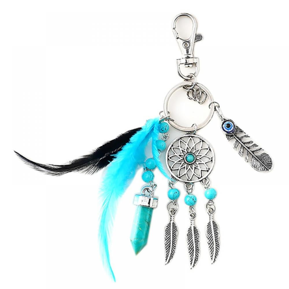 HuiJv keychain keyring natural opal stone dreamcatcher keyring fashion silver boho ornament feather keychain 