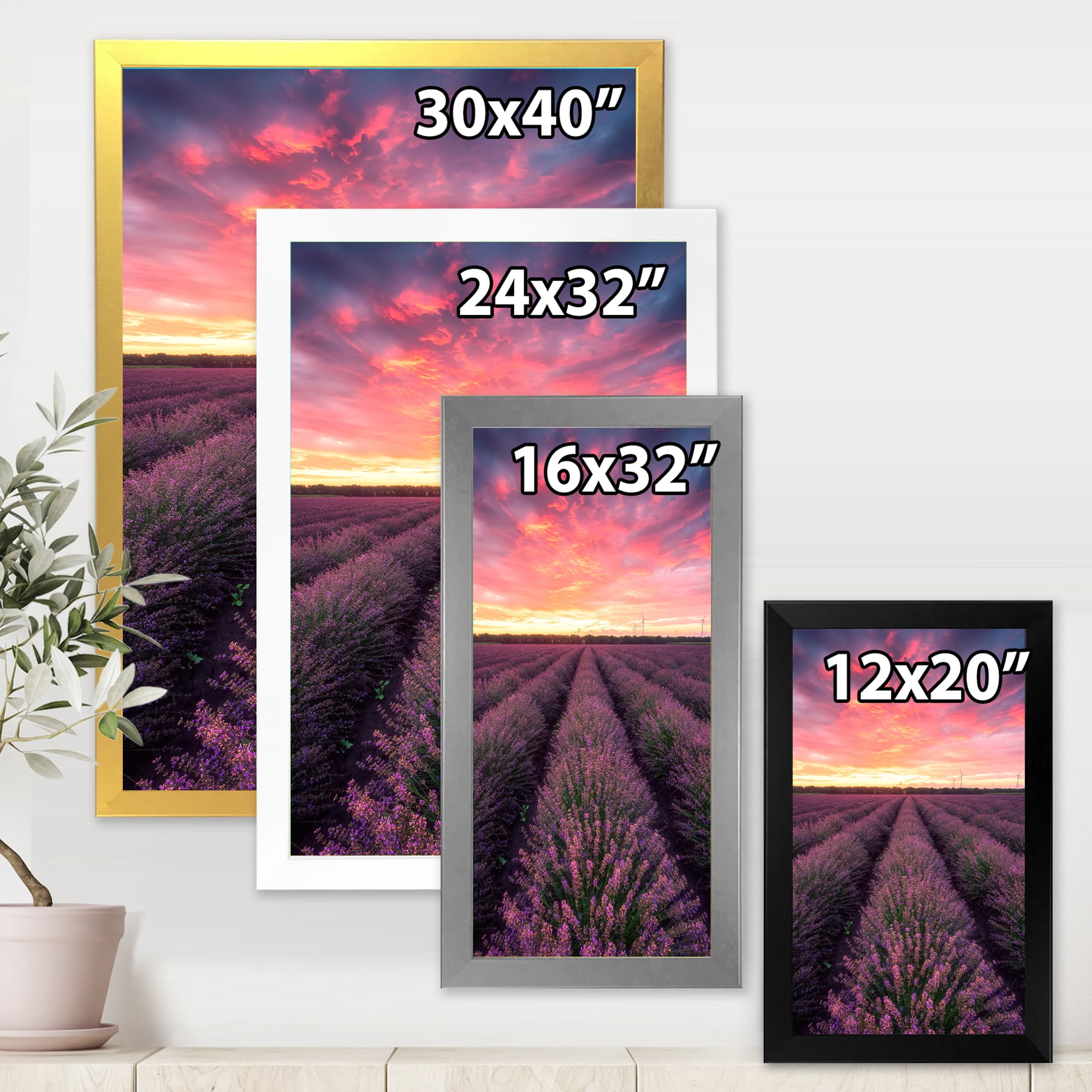 Designart 'Dramatic Clouds and Sunrise Over Lavender Field XIV' Farmhouse Framed Art Print