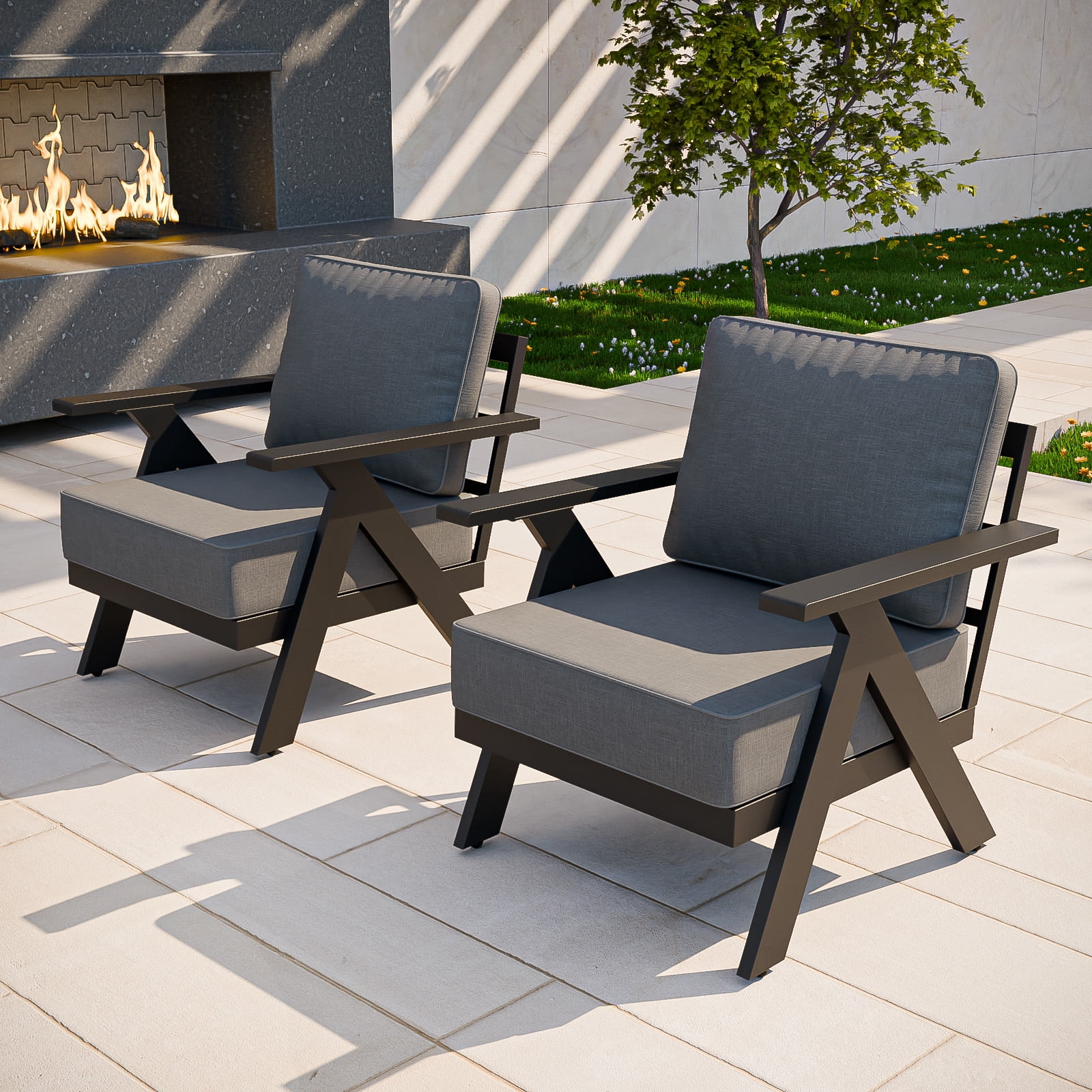 COOS BAY Iron Luxe 2 PCS Modern Outdoor Aluminum Patio Chairs, Black/Gray