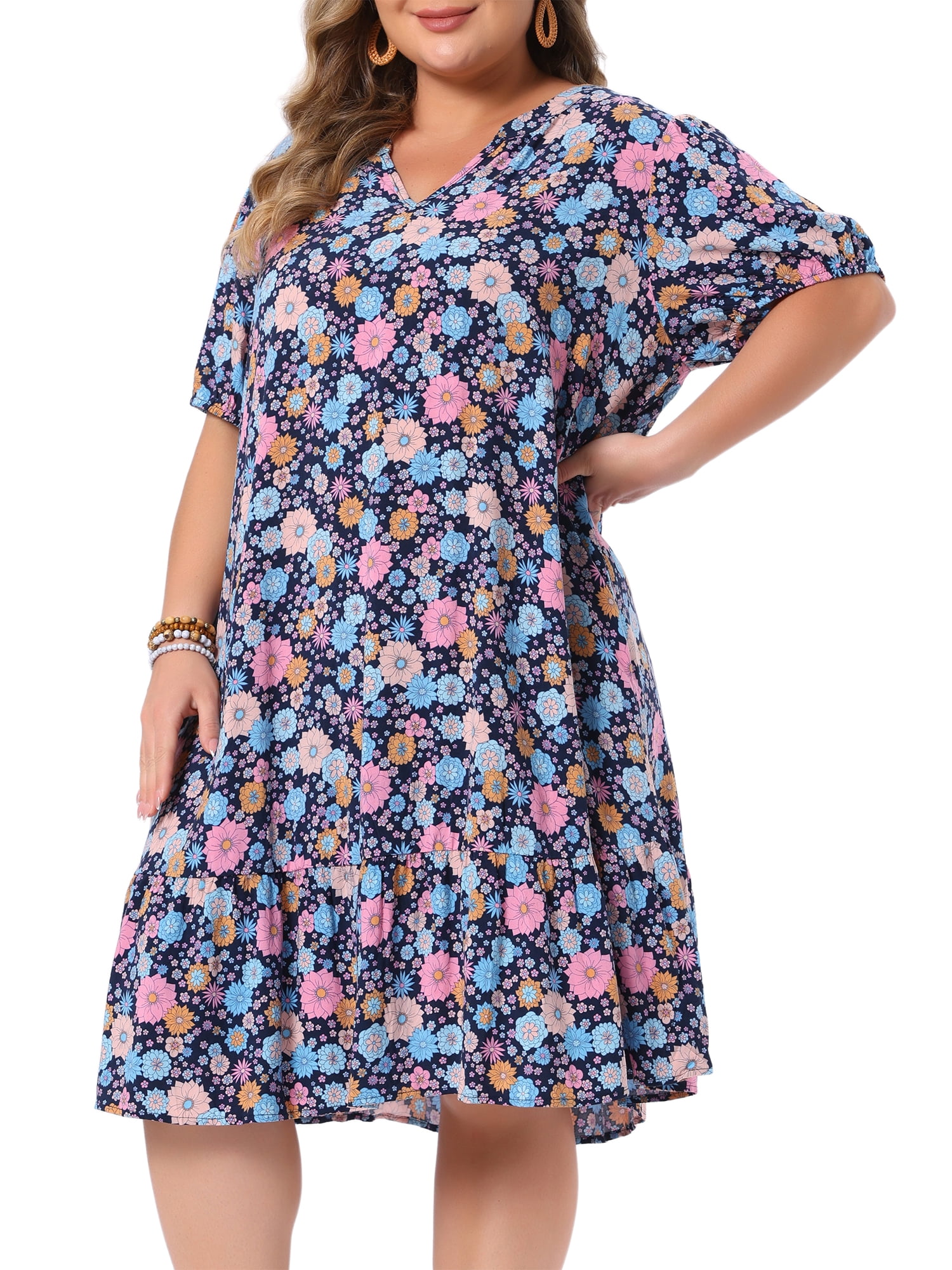 DARING DIVA Women's Plus Summer V Neck Short Sleeve Midi Dress 1X Dark Blue