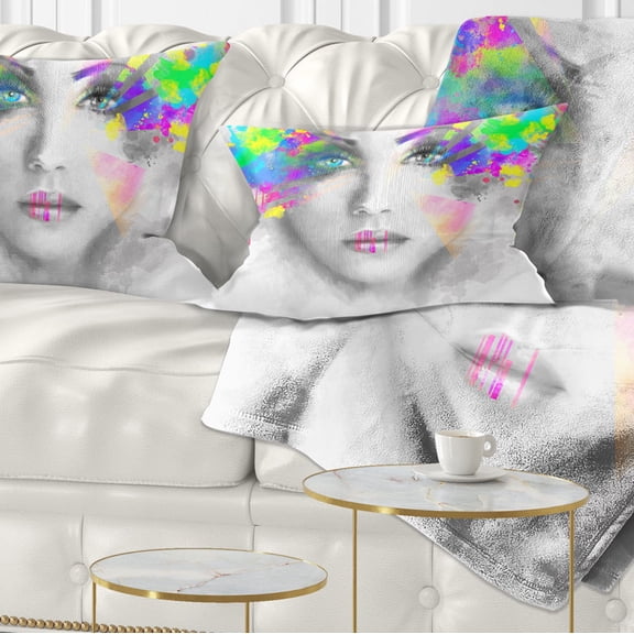 Designart Gray Woman with Green Flowers - Abstract Portrait Throw Pillow - 12x20