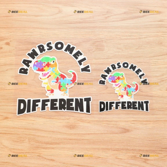 Rawrsomely Different Dinosaur Autism Awareness Puzzle Piece Autistic Sticker Decal Vinyl - 2 Pack Reflective, 4 Inches, 6 Inches - for Car Boat Laptop Cup