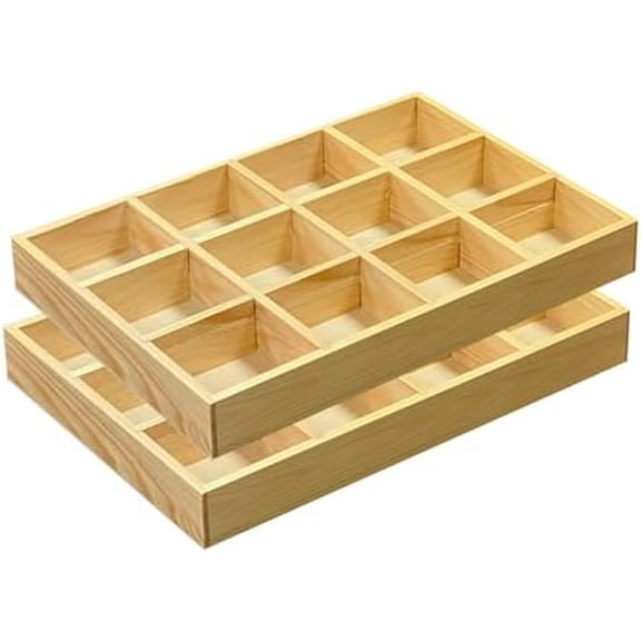 2 Pack Wooden Sorting Tray Grid Display Wood Divided Organizer Vanish Finished Section Box (12 Compartments,12.9 x 9.1 x 1.55 Inch Each Tray)$$Office