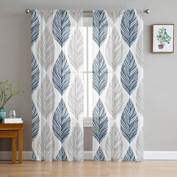 Navy Blue Grey Leaves Sheer Curtains 96 Inches Long 2 Panels Set, Window Sheer Curtains for Living Room/Bedroom, Summer Tropical Plant Aesthetics Light Filtering Rod Pocket Curtain 52'' x 96'' x 2