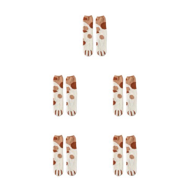 Jumpingount Calcetín de animales, calcetín de lana de Coral, esponjoso invierno, estilo japonés, Color térmico, ropa de casa de moda, blanco + punto Punto blanco + café 5piezas Jumpingount CBP256460