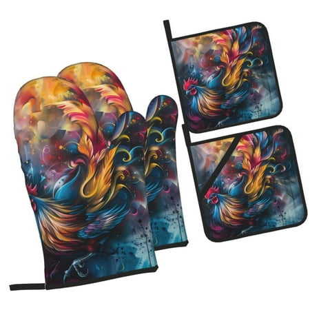 

Daiia Vibrant Rooster Painting Pattern Oven Mitts and Pot Holders 4 pcs Set High Heat Resistant 500 Degree Extra Thicken Long Kitchen Cotton Oven Glove