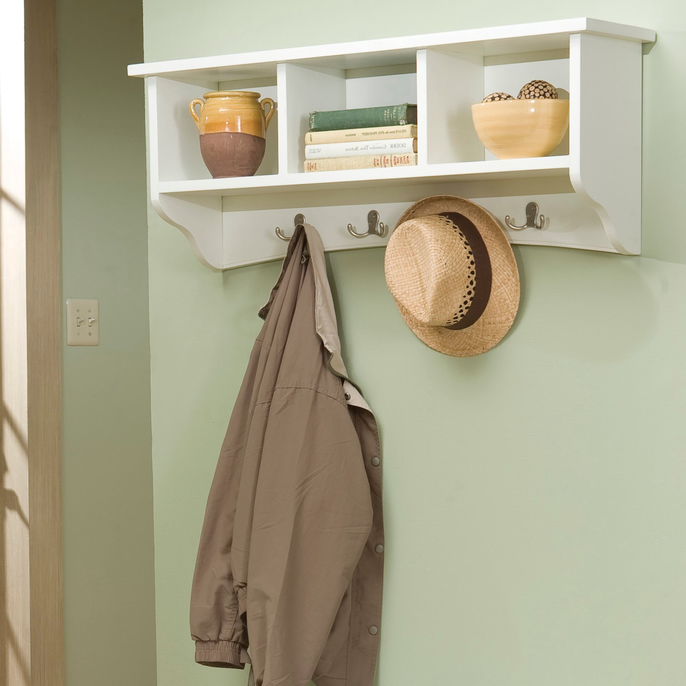 Alaterre Furniture Shaker Cottage Coat Rack with 3 Open Shelves, Wall Mounted Storage, Transitional Design for Entryway Storage Organization, Ivory
