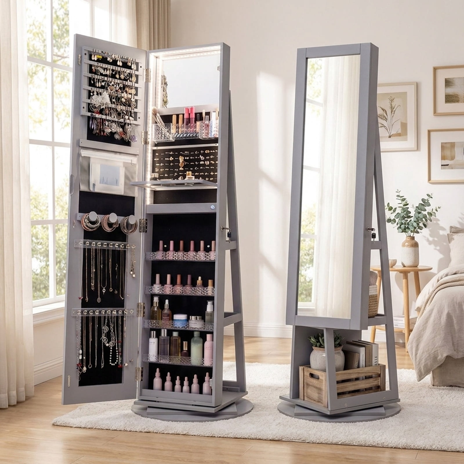Furnibear Standing Jewelry Cabinet with Adjustable LED Lights for Bedroom Dressing Room Jewelry Necklace Rings Storage Mirror, Gray