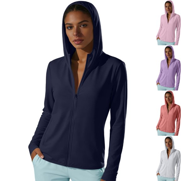 Women's UV Sun Protection Full Zip Hoodie Long Sleeve Lightweight Quick Dry Thumb Holes Athletic Jacket for Running Workout, Navy, L