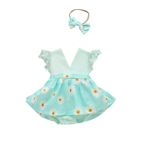 

Baby Girls Bodysuits Flyleeve Floral Printed Bodysuit Dress Romper+Headbands