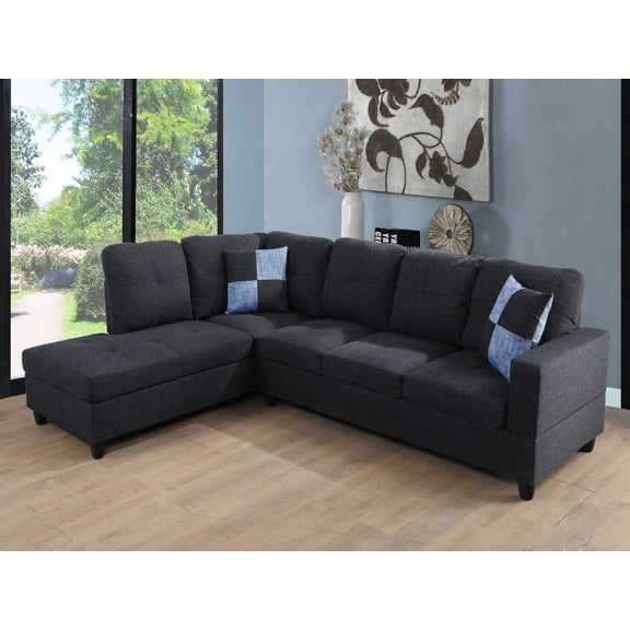 Ponliving 103.5" 2 Pieces L-Shaped Modern Sectional Sofa with Chaise and Pillows for Living Room Black Grey Linen Left Hand Facing
