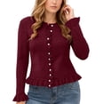 thumbnail image 6 of Women's Casual Fashion Solid Color Short Sweater Ruffled Top for Fall Winter Feminine Touch,Wine,S, 6 of 7