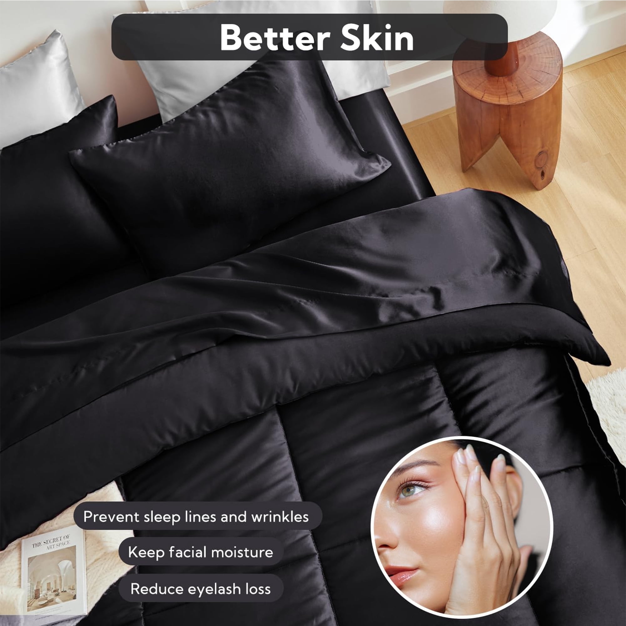 MR&HM Reversible Satin Microfiber Comforter 3 Pieces Queen Size, Black Queen Comforter Set for All Seasons, Silky Soft Satin Comforter for Hair and Skin, with Satin Pillowcases Set of 2