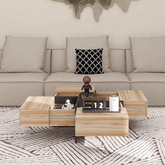 Unique Design Coffee Table with 4 Hidden Storage Compartments, Square Cocktail Table with Extendable Sliding Tabletop, UV High-gloss Design Center Table for Living Room, 31.5"x 31.5"