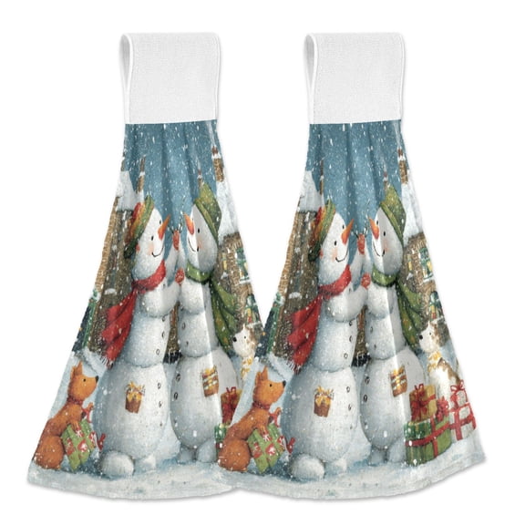 Wobogo Hugging Snowmen Hand Towel Set of 2 Absorbent for Kitchen and Bathroom With Velcro Hanging Loop 18.2×14in