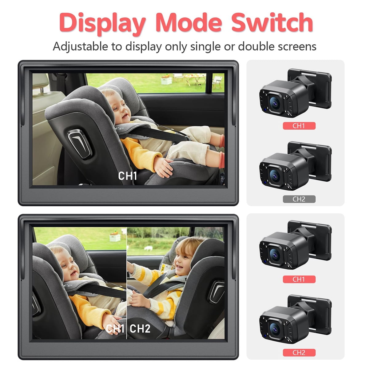 Baby Car Camera,Dual Channel 5''HD IPS Display with 2 IR Night Vision Monitor,Baby Car Mirror 1080P