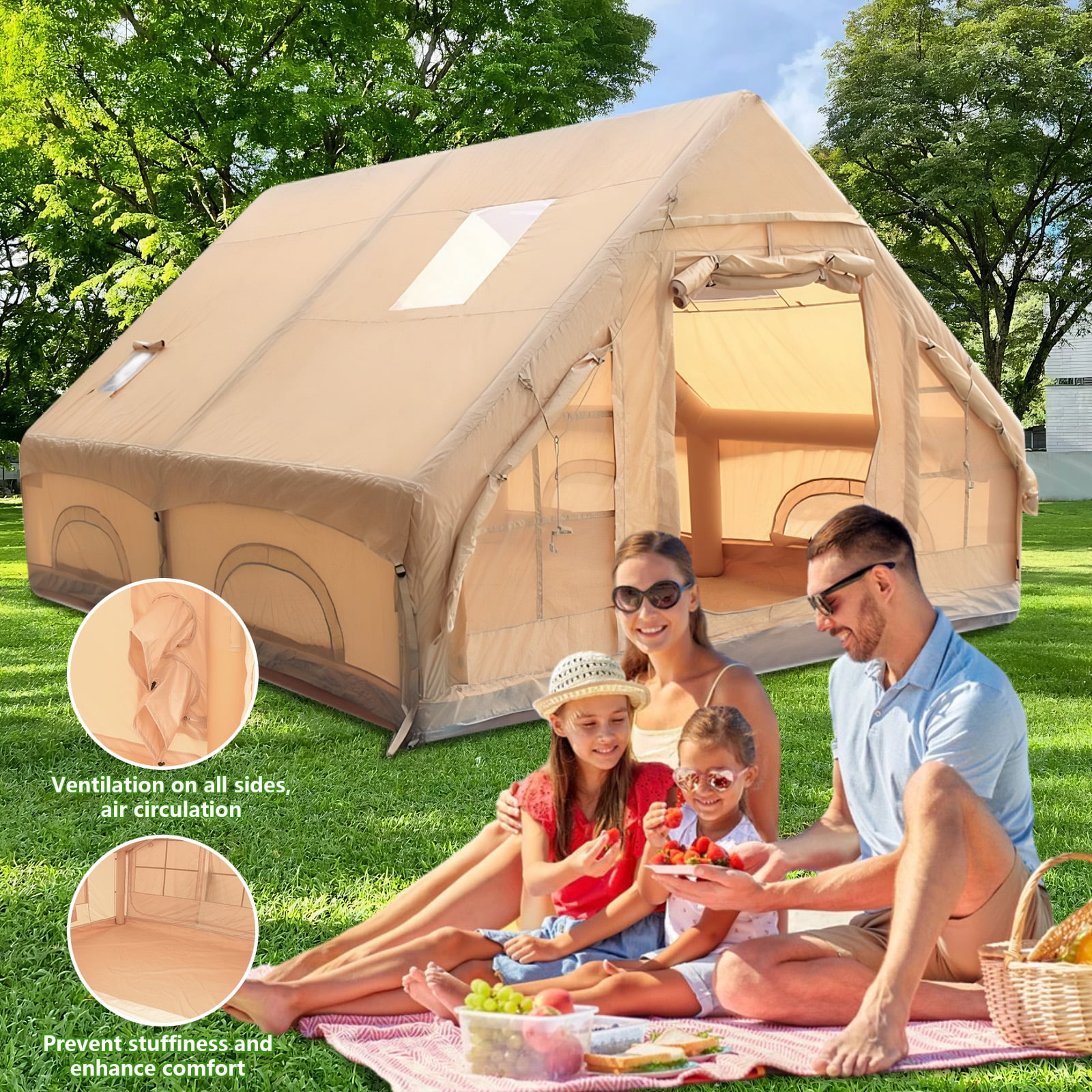 Qiyester Inflatable Camping Tent Waterproof Outdoor Cabin House with Hand Pump Doors Mesh Windows 4 Season 129 sq.ft No Assembly Needed
