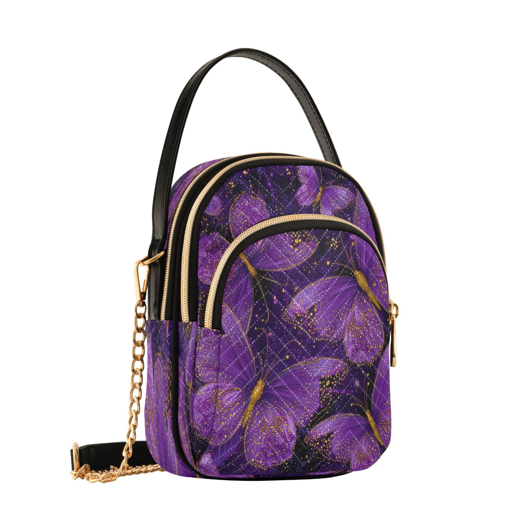 Quilted Women's Crossbody Bag Purses and Handbags with Detachable Leather Strap Glowing Purple Butterfly