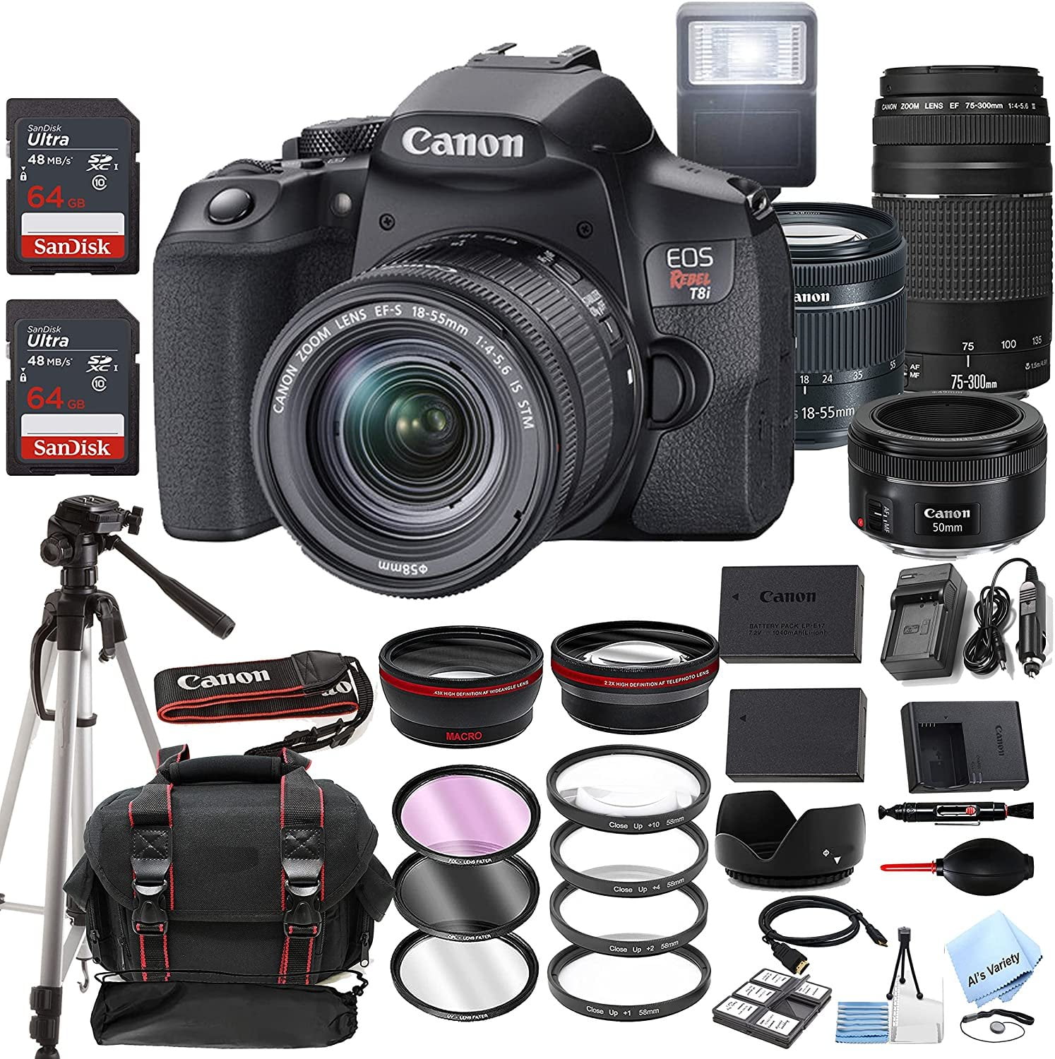 Canon EOS Rebel T8i DSLR Camera w/EFS 1855mm F/45.6 is STM Zoom Lens + 75300mm F/45.6 III