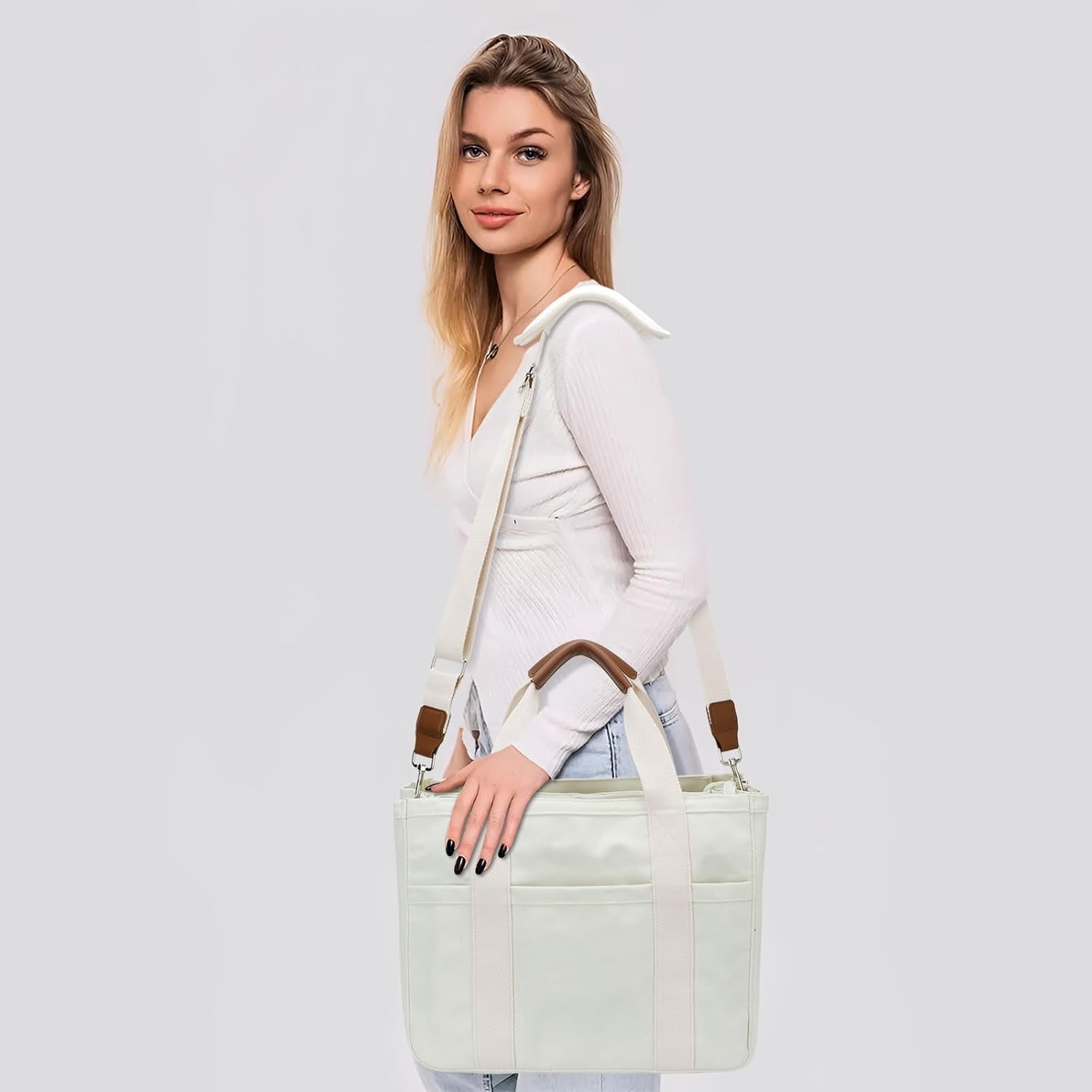 CNV Canvas Tote Bag for Women with Zipper and Compartments Crossbody Large Bible Messenger Purse Bag With Pockets
