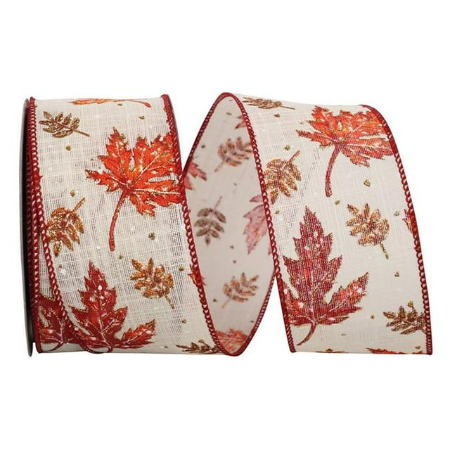 Reliant Ribbon 93602W-810-40F Leaf Glitter Highlights Linen Touch Wired Edge Ribbon - Ivory - 2.5 in. x 10 yards
