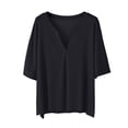 thumbnail image 3 of Women's Loose Fit Solid Neck Short Sleeve Top Button Down Blouse Comfy Breathable Cute Trendy Outfits Casual Daily Wear | CSEONE,Black L, 3 of 7