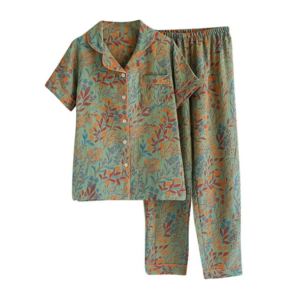 Ladies Nightwear Akafmk Women's Pajama Sets, Cotton Pajamas for Women Set, Fashion Women's Print Collar with Pockets Short Sleeved Pants Pajama Set