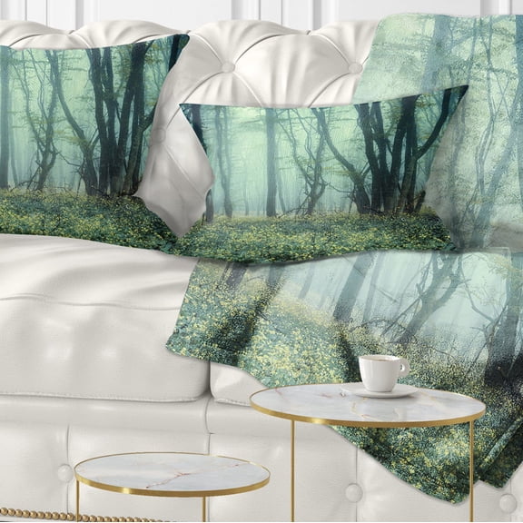 Designart Trail Through Foggy Forest - Landscape Photo Throw Pillow - 12x20