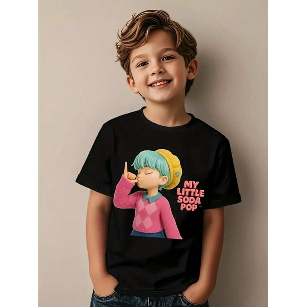 My Little Soda Pop Graphic T-Shirt For Kids - Cute Cartoon Character With Pink Hair & Blue Overalls, Soft Stretchy Fabric, Round Neck Short Sleeve Tee, Casual Streetwear For Boys & Girls