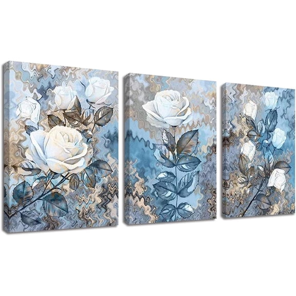 White Flower Pictures Wall Art Blue Abstract Floral Painting for Living Room Bedroom Modern Canvas Print Home Decor with Framed Ready to Hang 12"x16"x3 Panel