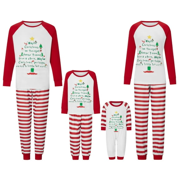 Elippeo Family Matching Christmas Pajamas, Letter Print Long-Sleeved Round Neck Tops Stripe Pattern Trousers Sleepwear Outfits
