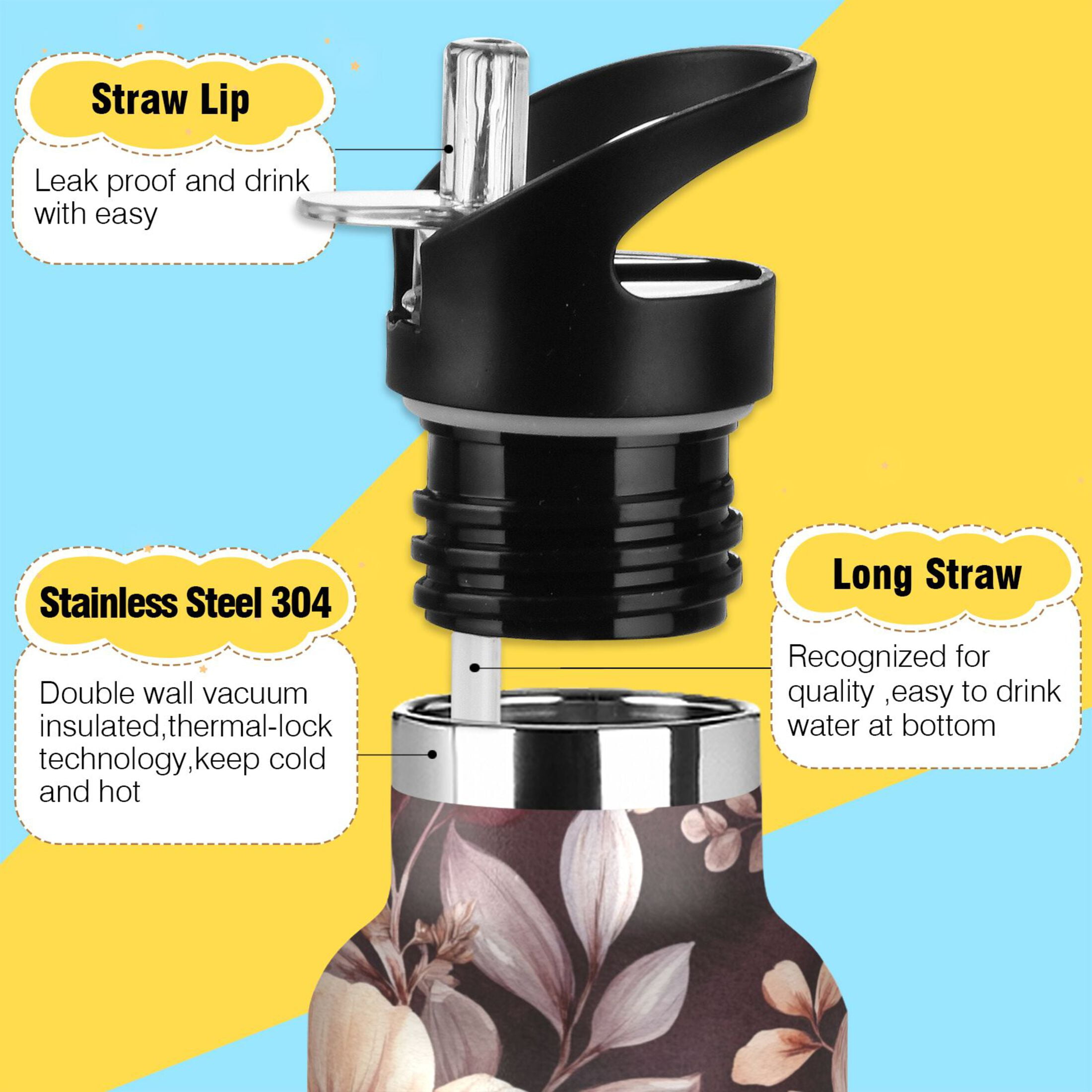 600ML Stainless Steel Insulated Cup Sports Water Bottle Portable Thermos Cup Water Glasses Insulated Tumblers Convenient and Durable Vibrant Maroon Flowers