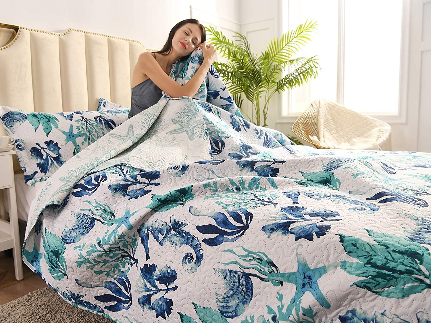 Smuge 3Pcs Twin Size Seashell Bedding,Soft Lightweight Microfiber Bedding Bedspreads Reversible Coverlet, 1 Quilt & 2 Pillow Shams (Blue)