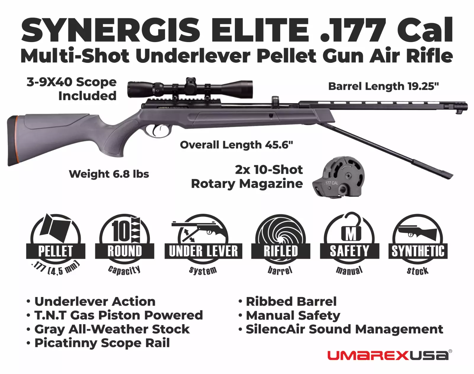 Umarex Synergis Pellet Gun Air Rifle with 3-9x40mm Scope and Rings, 177 Caliber