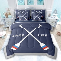 jejeloiu Lake House 7-Piece Twin Bedding Sets,White Cartoon Paddle Bedding Comforter Set For Boys Girls Reversible