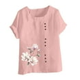 thumbnail image 4 of Olyvenn Cotton Linen Tops for Womens 2025 Crewneck Roll Up Short Sleeve Tshirt Trendy Floral Print Casual Loose Fitted Blouse Pink XXL, 4 of 4