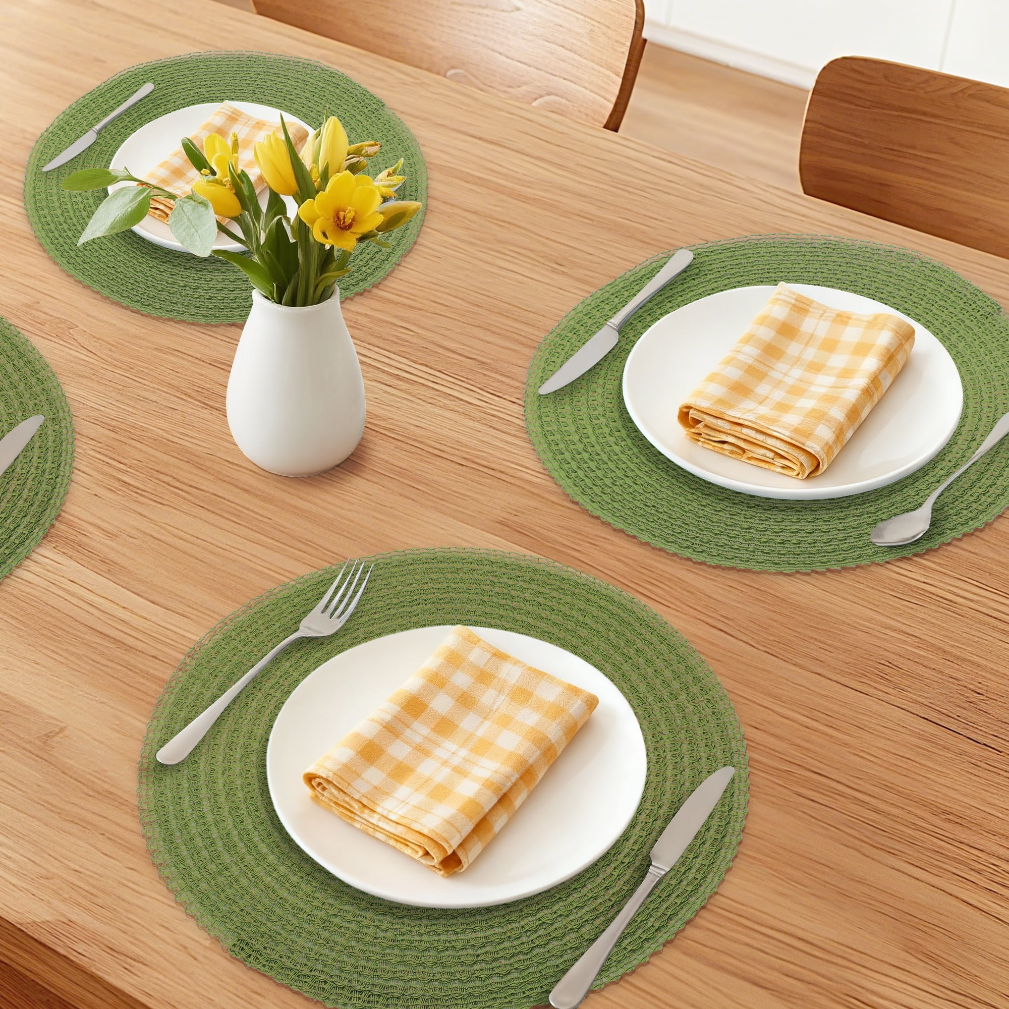 Unique Bargains Set of 6 Round Woven Placemats for Dining Table Green