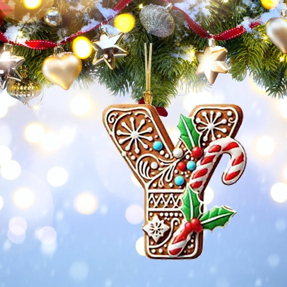 Personalized Christmas Letter Y Ornament, DIY Gingerbread Acrylic Alphabet Decoration with Holly and Candy Cane, Hanging Tree Gift Tag for Party