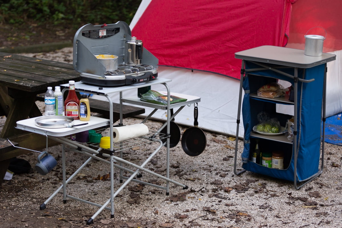 ozark trail camp kitchen cooking stand with three table tops