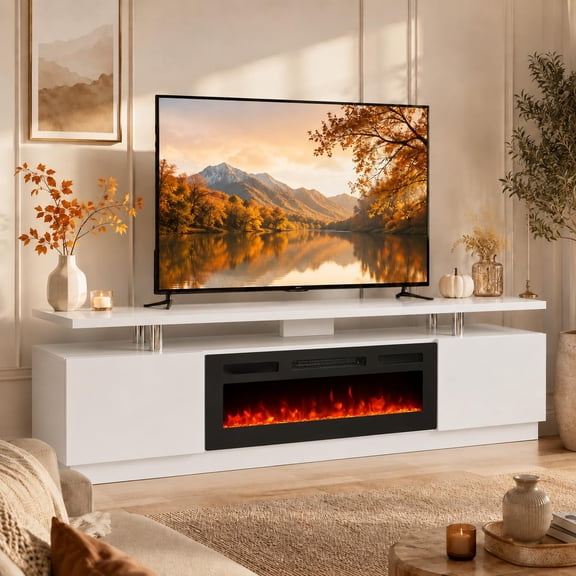 Kicctian 80" Electric Fireplace TV Stand 40" Fireplace with Entertainment Center,12 Flame Colors - 1500W Heater,White