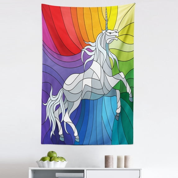 Unicorn Tapestry, Stained Glass Themed Mosaic Graphic of Magic Horse on Rainbow Colors Tile Art, Fabric Wall Hanging Decor for Bedroom Living Room Dorm, 5 Sizes, Multicolor, by Ambesonne