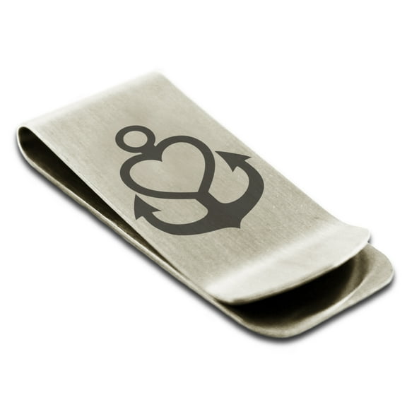 Stainless Steel Nautical Heart Anchor Engraved Money Clip Credit Card Holder