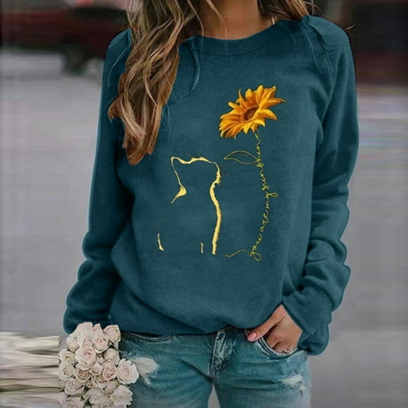 Hot Eaby Women's Sweater Round Neck Casual Loose Pullover Printed Long-Sleeved T-Shirt